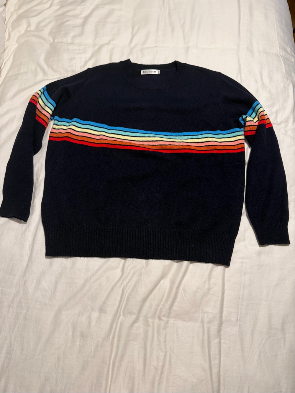 Eloquii Navy Crewneck Sweater with Rainbow Stripes